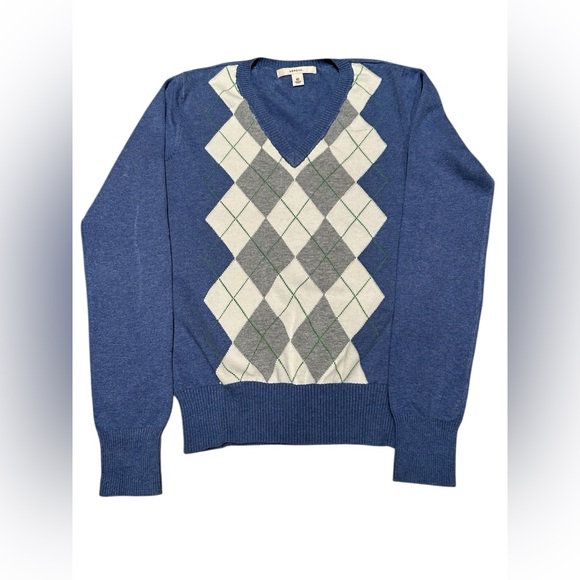Merona Blue Argyle V-Neck Preppy Knit Sweater Women’s Size XS - Picture 1 of 4